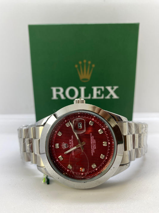 Rolex Oyster Perpetual Silver Red Dial & Date
