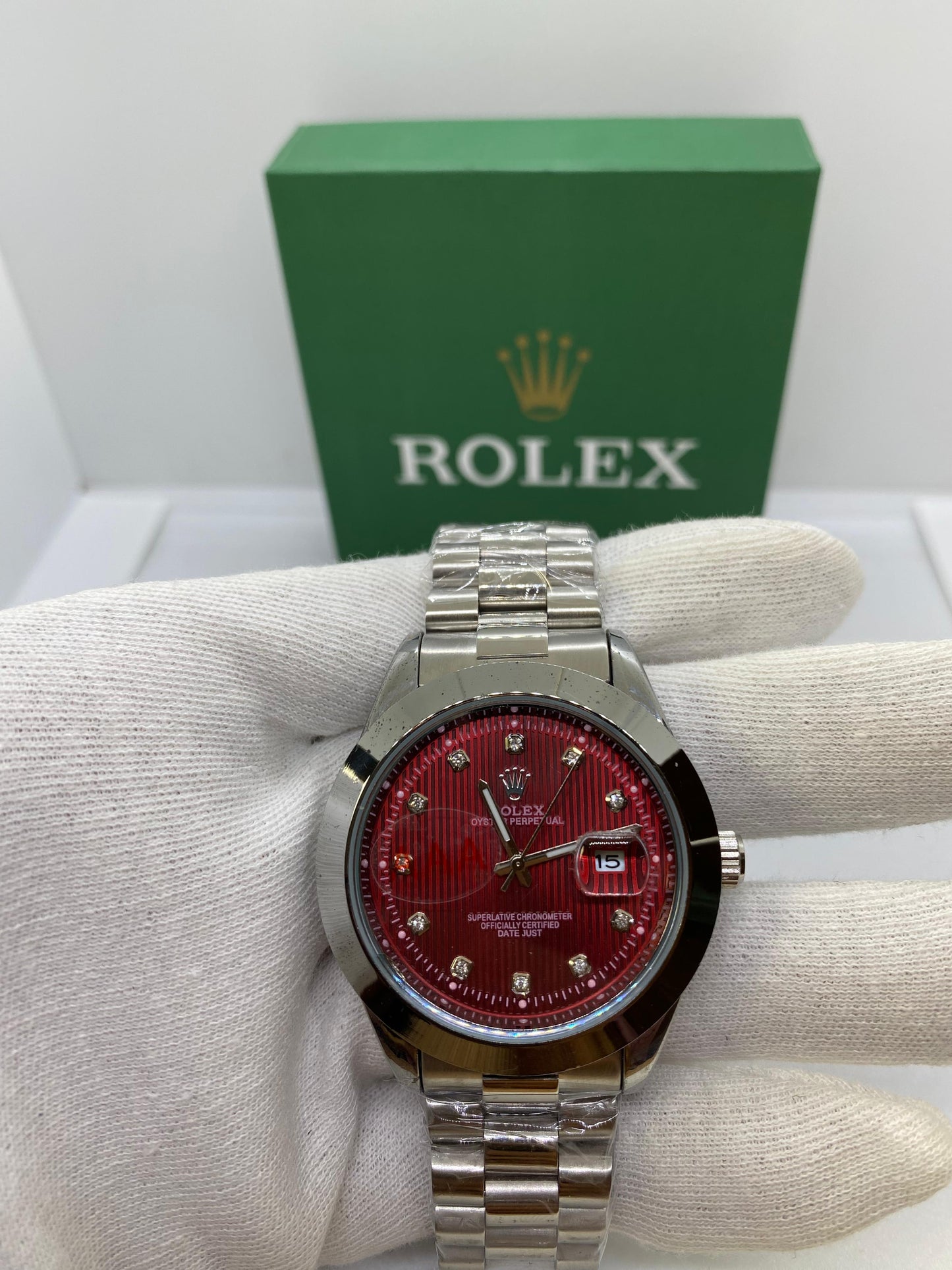 Rolex Oyster Perpetual Silver Red Dial & Date