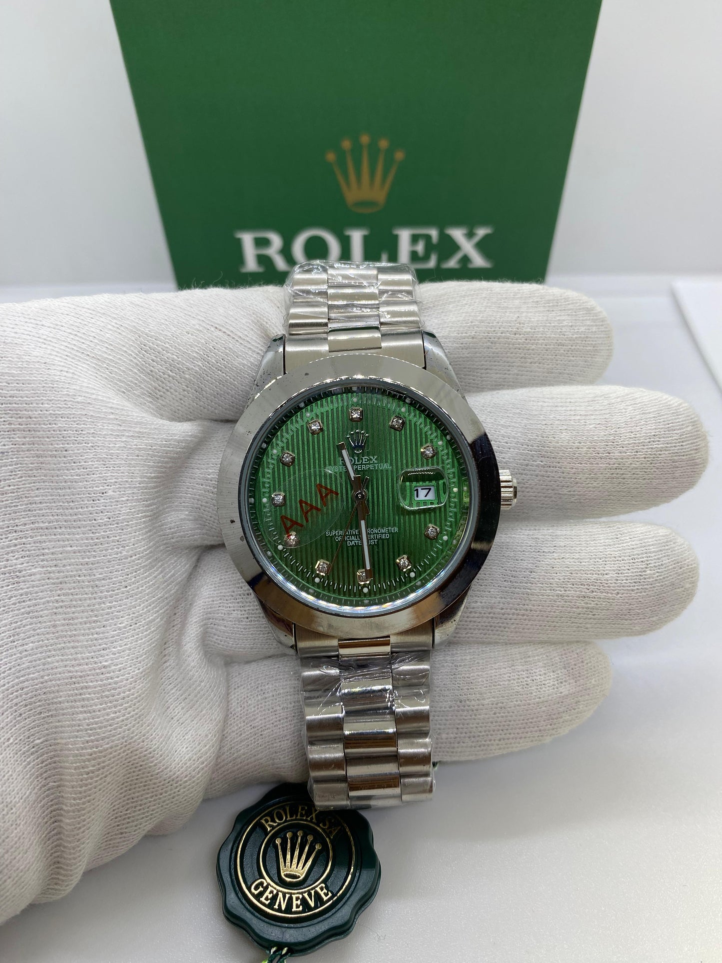Rolex Oyster Perpetual Silver Green Dial & Date